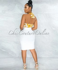 Vendor-unknown Gilboa White Gold Chain Print Multi-Way Halter Crop Top