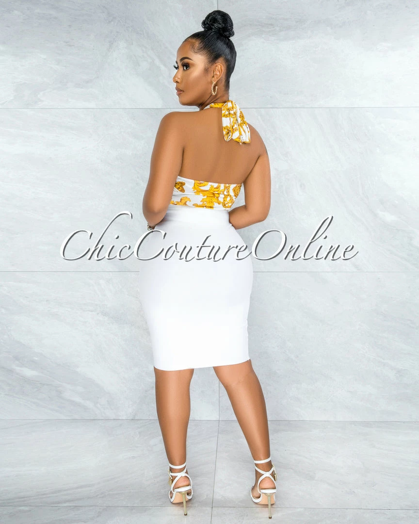 Vendor-unknown Gilboa White Gold Chain Print Multi-Way Halter Crop Top