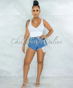 Vendor-unknown JUST IN Imaran Blue Denim Rhinestones Trim & Long Pockets Shorts