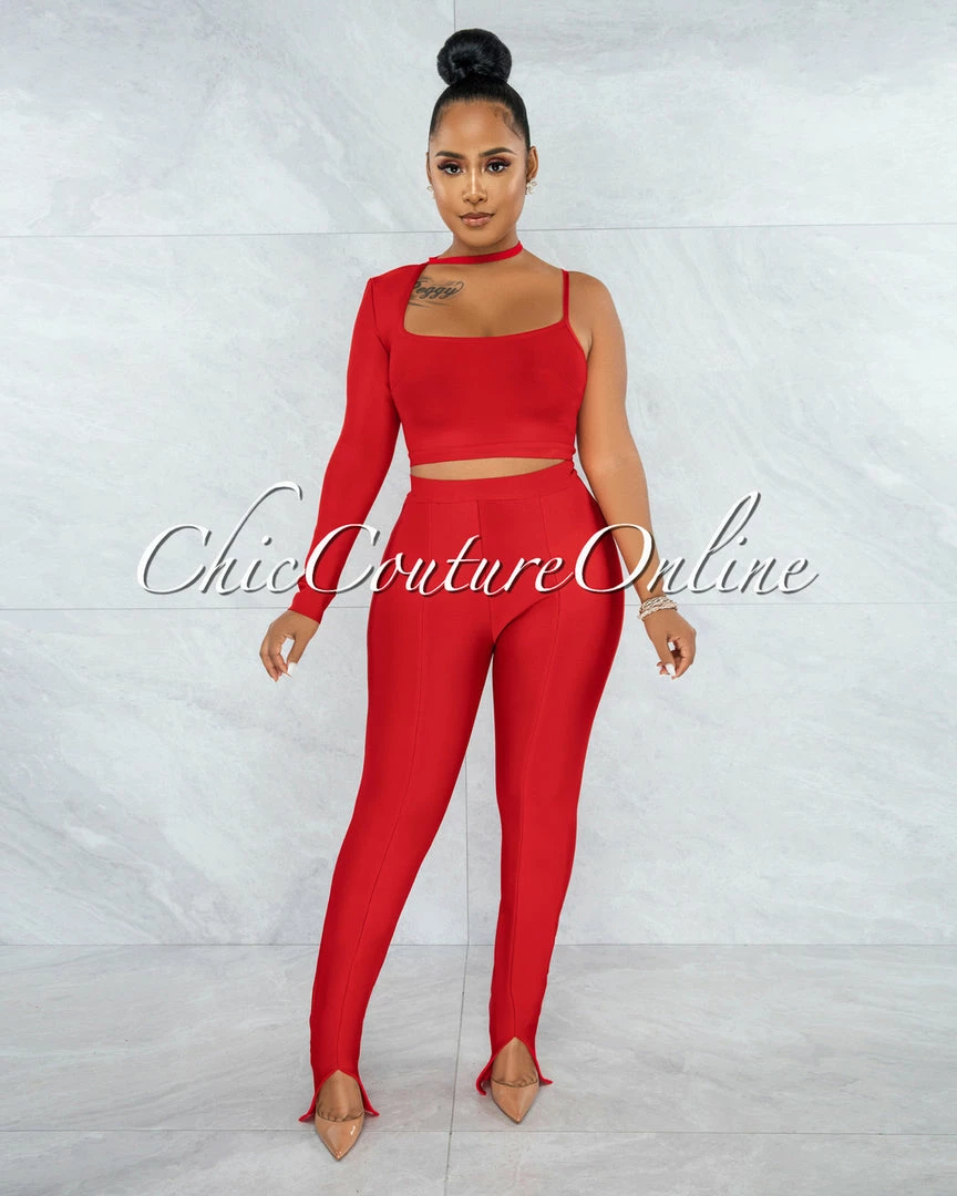 Vendor-unknown Aida Red Single Sleeve Top & Pants Bandage Set