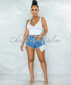 Vendor-unknown JUST IN Imaran Blue Denim Rhinestones Trim & Long Pockets Shorts