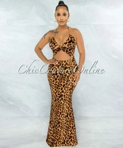 Vendor-unknown Hester Leopard Print Front Key-Hole Halter Maxi Dress JUST IN