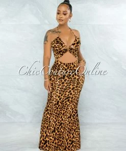 Vendor-unknown Hester Leopard Print Front Key-Hole Halter Maxi Dress JUST IN