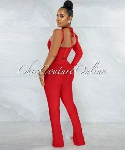 Vendor-unknown Aida Red Single Sleeve Top & Pants Bandage Set