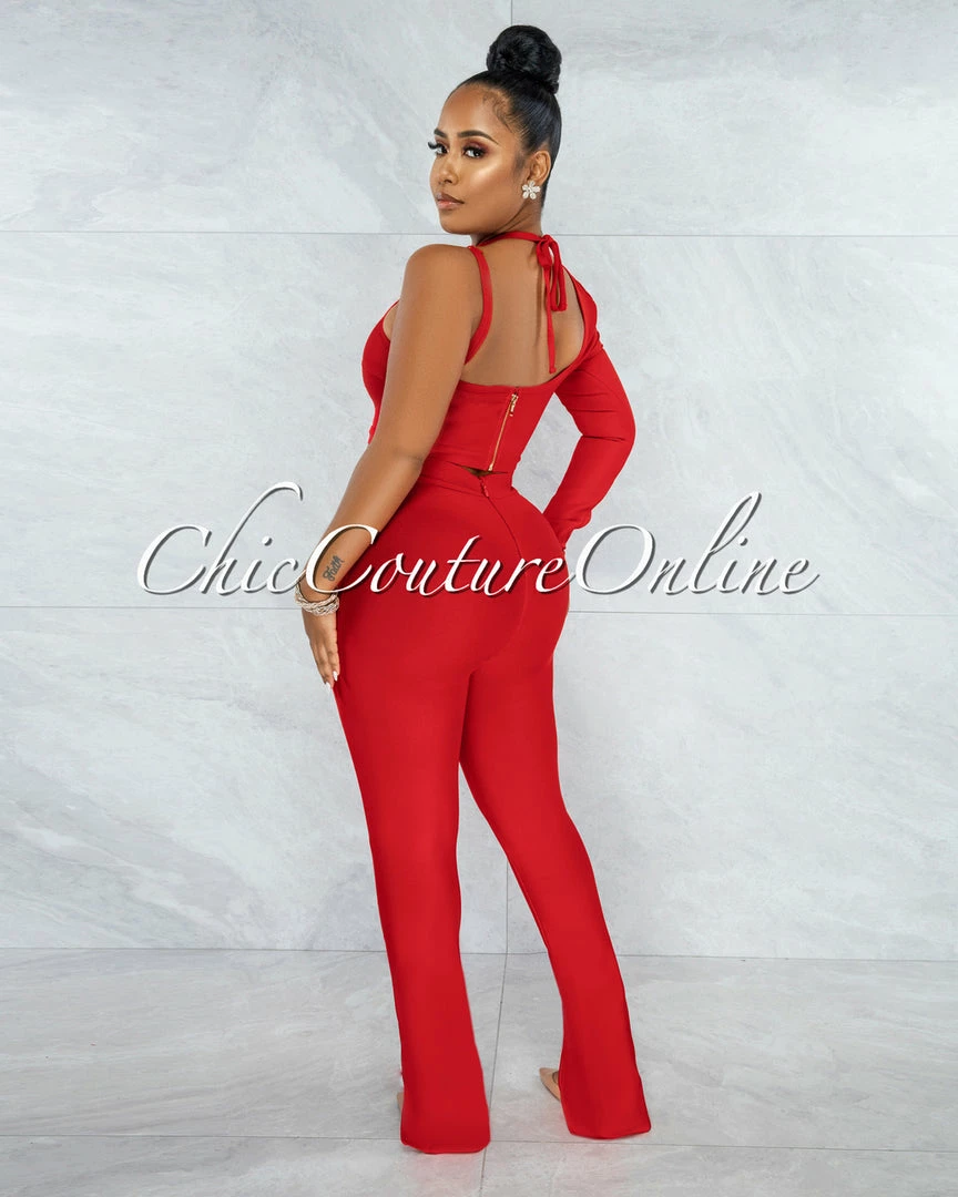 Vendor-unknown Aida Red Single Sleeve Top & Pants Bandage Set
