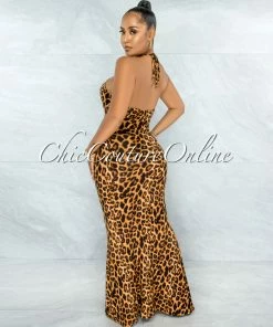Vendor-unknown Hester Leopard Print Front Key-Hole Halter Maxi Dress JUST IN