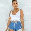 Vendor-unknown JUST IN Imaran Blue Denim Rhinestones Trim & Long Pockets Shorts