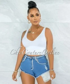 Vendor-unknown JUST IN Imaran Blue Denim Rhinestones Trim & Long Pockets Shorts