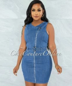 Vendor-unknown JUST IN Pebbles Medium Denim Front Silver Zipper Belted Dress