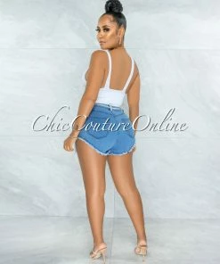 Vendor-unknown JUST IN Imaran Blue Denim Rhinestones Trim & Long Pockets Shorts