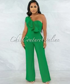 Vendor-unknown Zita Kelly Green Single Shoulder Ruffle Jumpsuit JUST IN