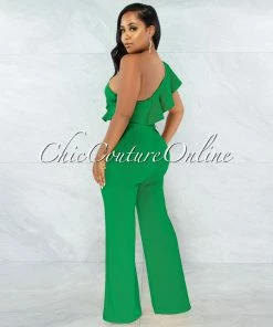 Vendor-unknown Zita Kelly Green Single Shoulder Ruffle Jumpsuit JUST IN