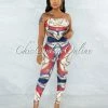 Vendor-unknown JUST IN Hanya Red Navy Blue Print Scarf Satin Top & Leggings Set