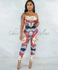 Vendor-unknown JUST IN Hanya Red Navy Blue Print Scarf Satin Top & Leggings Set