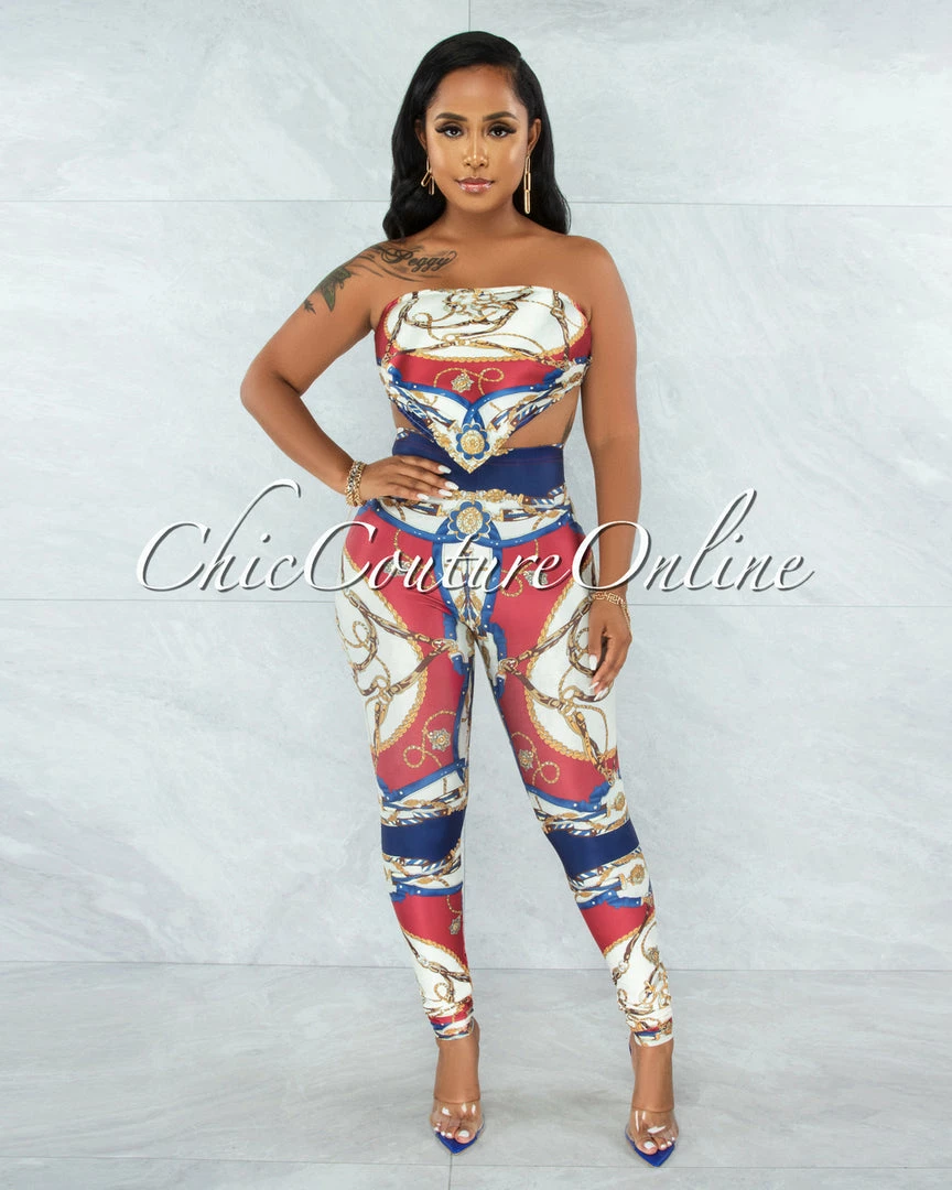 Vendor-unknown JUST IN Hanya Red Navy Blue Print Scarf Satin Top & Leggings Set