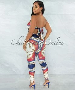 Vendor-unknown JUST IN Hanya Red Navy Blue Print Scarf Satin Top & Leggings Set