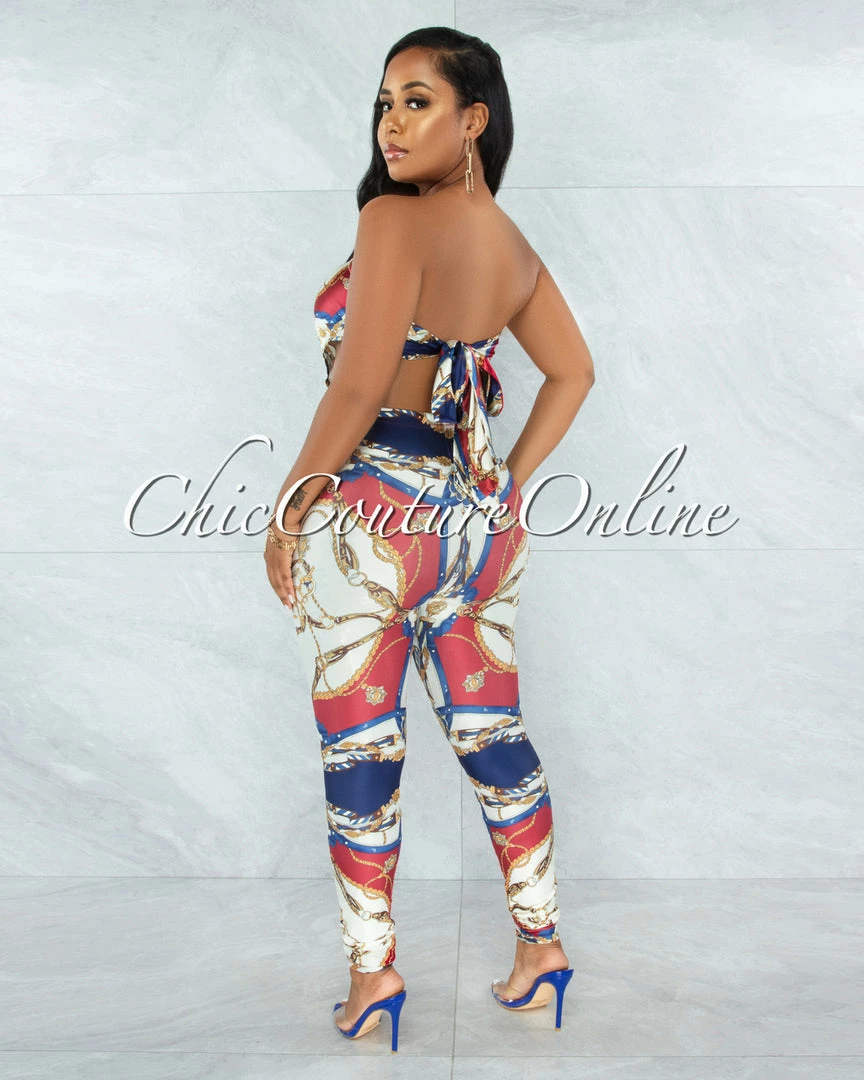 Vendor-unknown JUST IN Hanya Red Navy Blue Print Scarf Satin Top & Leggings Set