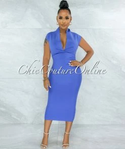 Chic Couture Online Fernie Periwinkle V Neck Draped Bandage Midi Dress