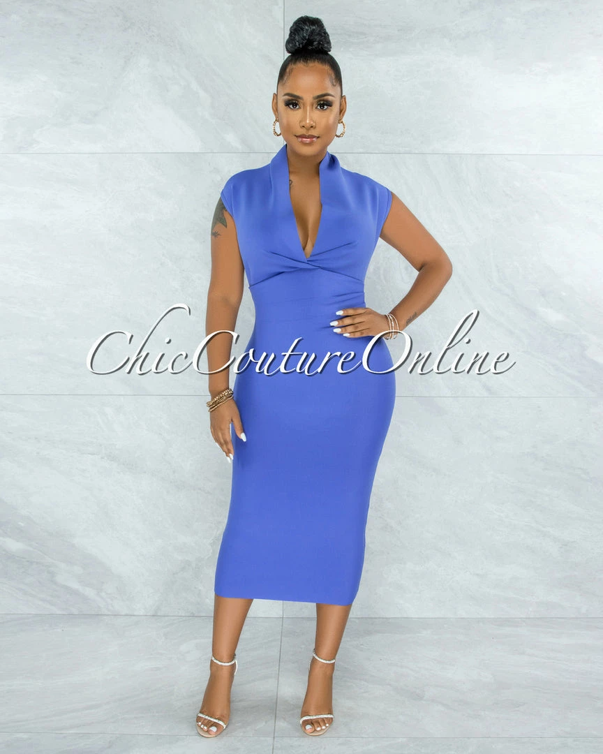 Chic Couture Online Fernie Periwinkle V Neck Draped Bandage Midi Dress