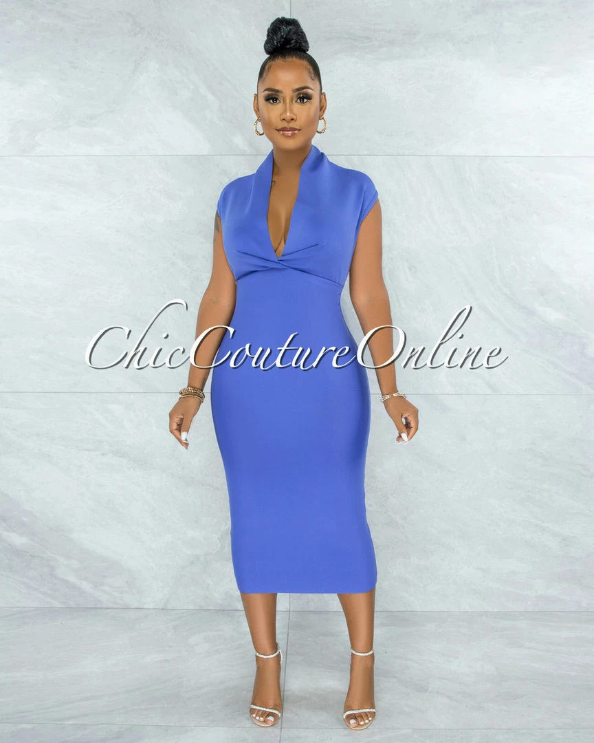 Chic Couture Online Fernie Periwinkle V Neck Draped Bandage Midi Dress