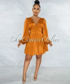 Vendor-unknown JUST IN Oprah Bronze Polka Dots Long Sleeves Satin Dress