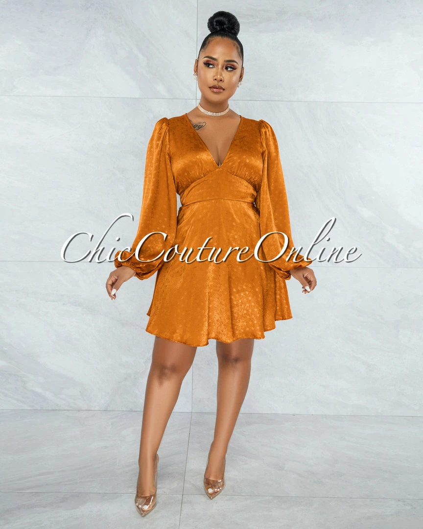 Vendor-unknown JUST IN Oprah Bronze Polka Dots Long Sleeves Satin Dress