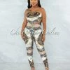 Vendor-unknown JUST IN Hanya Brown Nude Print Scarf Satin Top & Leggings Set