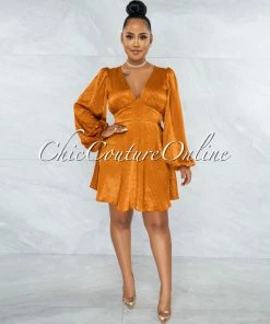 Vendor-unknown JUST IN Oprah Bronze Polka Dots Long Sleeves Satin Dress