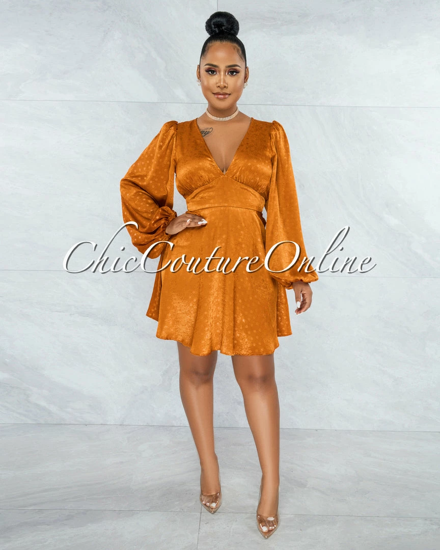 Vendor-unknown JUST IN Oprah Bronze Polka Dots Long Sleeves Satin Dress