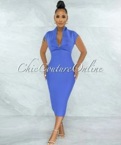 Chic Couture Online Fernie Periwinkle V Neck Draped Bandage Midi Dress
