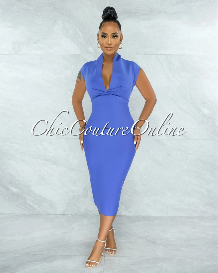 Chic Couture Online Fernie Periwinkle V Neck Draped Bandage Midi Dress