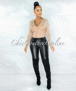 Vendor-unknown JUST IN Ayele Nude Corset Front Hook Closure Faux Leather Mesh Top