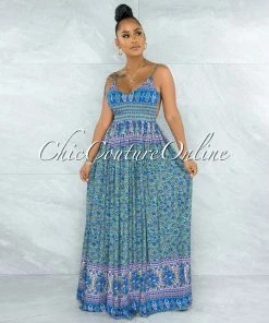 Vendor-unknown Tosca Green Floral Print Low Back Tie Maxi Dress JUST IN