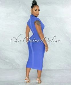 Chic Couture Online Fernie Periwinkle V Neck Draped Bandage Midi Dress