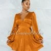 Vendor-unknown JUST IN Oprah Bronze Polka Dots Long Sleeves Satin Dress