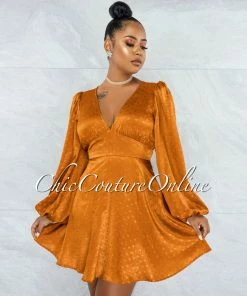 Vendor-unknown JUST IN Oprah Bronze Polka Dots Long Sleeves Satin Dress