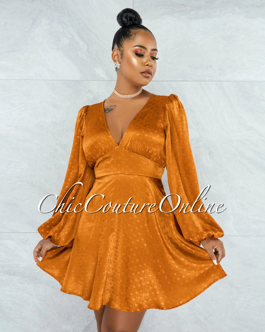 Vendor-unknown JUST IN Oprah Bronze Polka Dots Long Sleeves Satin Dress