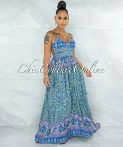 Vendor-unknown Tosca Green Floral Print Low Back Tie Maxi Dress JUST IN