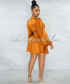 Vendor-unknown JUST IN Oprah Bronze Polka Dots Long Sleeves Satin Dress