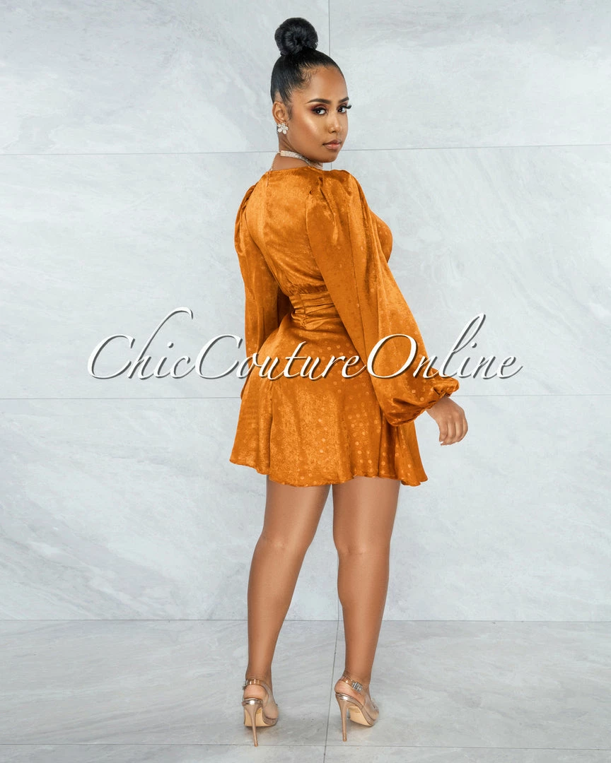 Vendor-unknown JUST IN Oprah Bronze Polka Dots Long Sleeves Satin Dress