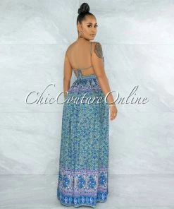 Vendor-unknown Tosca Green Floral Print Low Back Tie Maxi Dress JUST IN