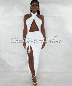 Vendor-unknown JUST IN Pembroke Off-White Halter Draped Ruched Maxi Dress
