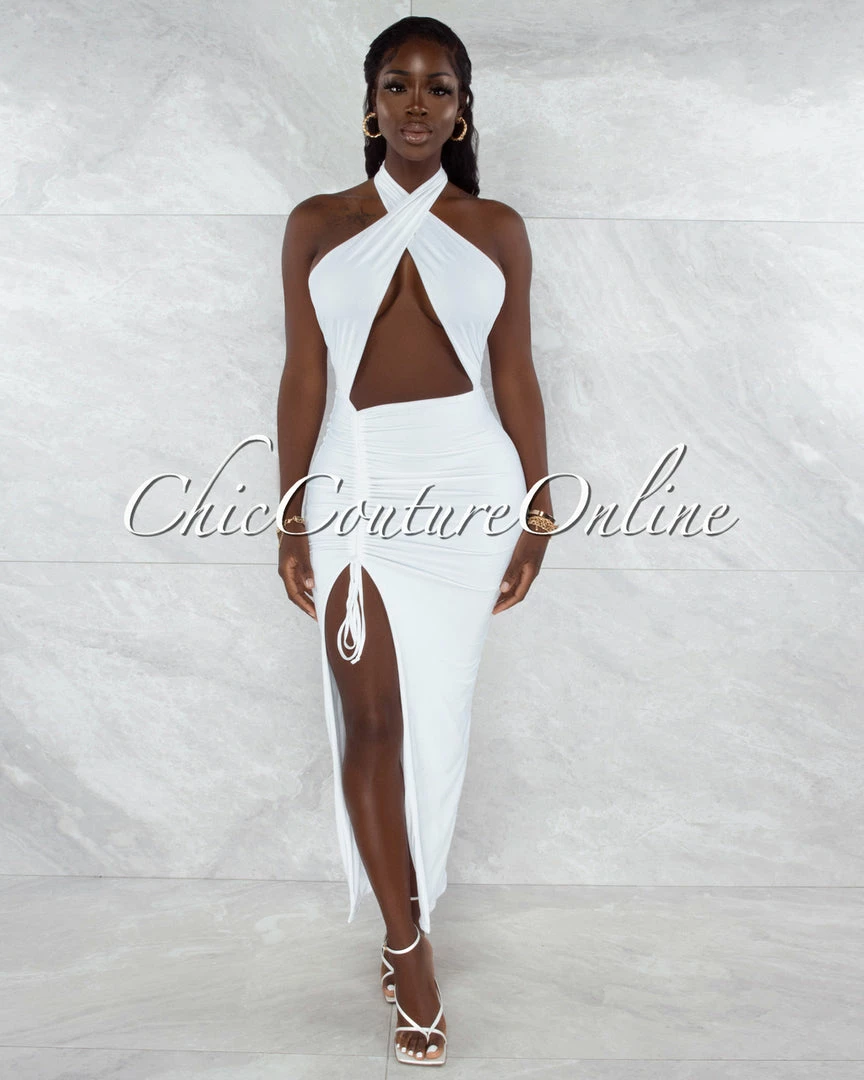 Vendor-unknown JUST IN Pembroke Off-White Halter Draped Ruched Maxi Dress