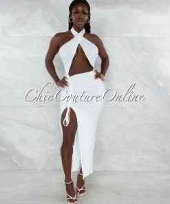 Vendor-unknown JUST IN Pembroke Off-White Halter Draped Ruched Maxi Dress