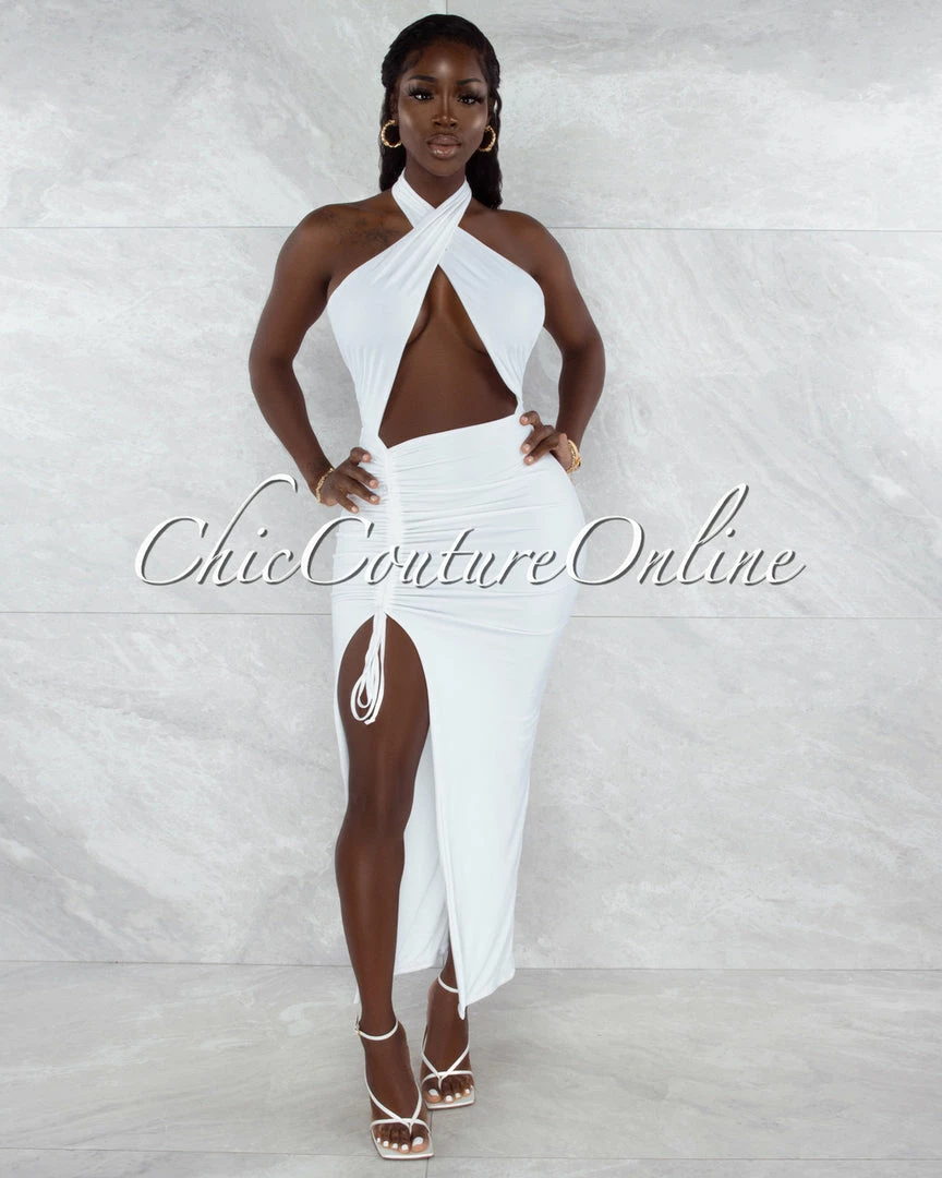 Vendor-unknown JUST IN Pembroke Off-White Halter Draped Ruched Maxi Dress