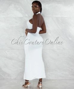 Vendor-unknown JUST IN Pembroke Off-White Halter Draped Ruched Maxi Dress