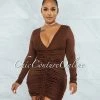 Vendor-unknown Jaffa Brown Ribbed Midi Ruched Adjustable Length Dress JUST IN