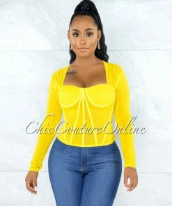 Vendor-unknown JUST IN Tyronica Yellow Padded Cups Mesh Corset