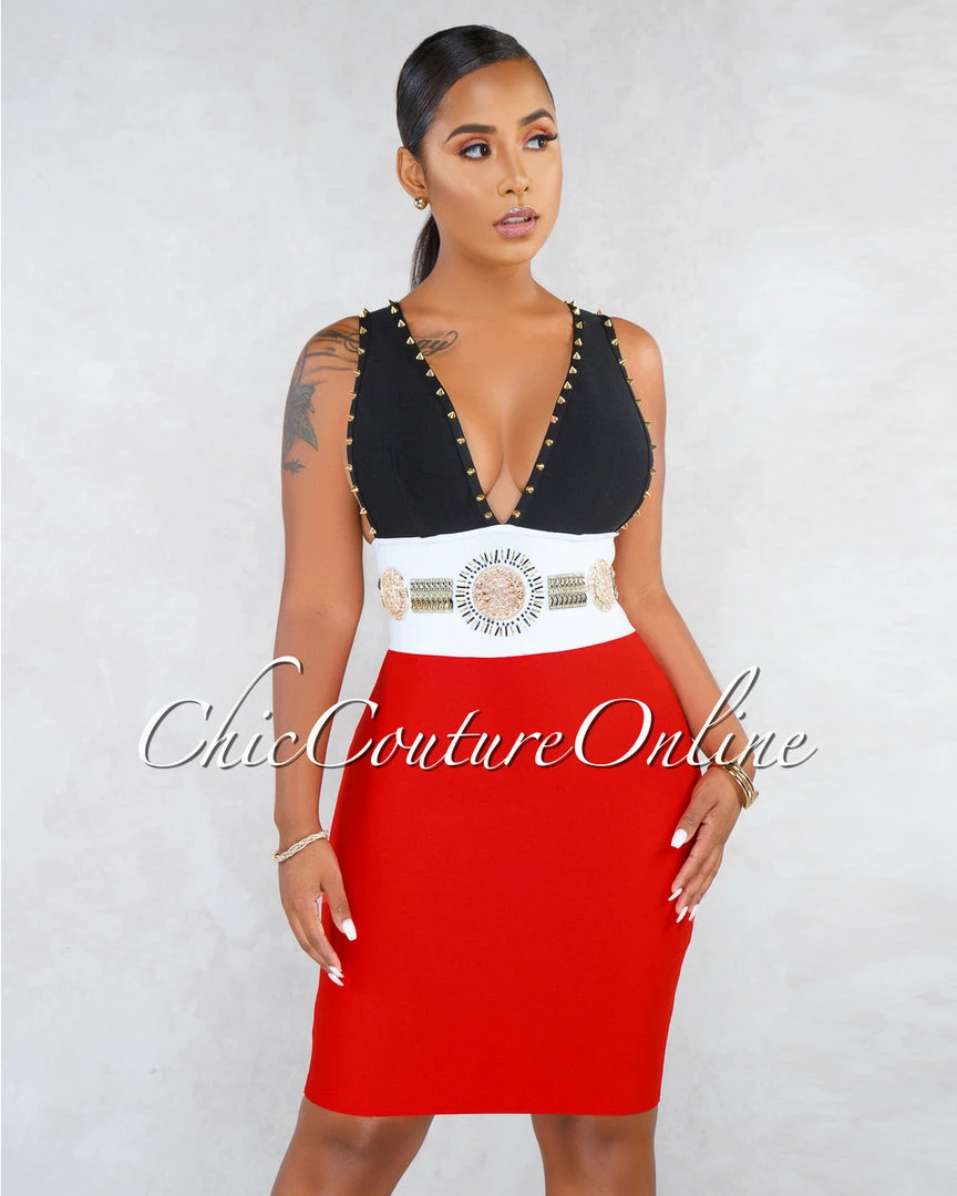 Chic Couture Online Vergara Black Tomato Gold Studs Rhinestone Bandage Dress JUST IN
