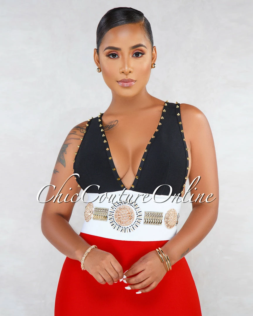 Chic Couture Online Vergara Black Tomato Gold Studs Rhinestone Bandage Dress JUST IN